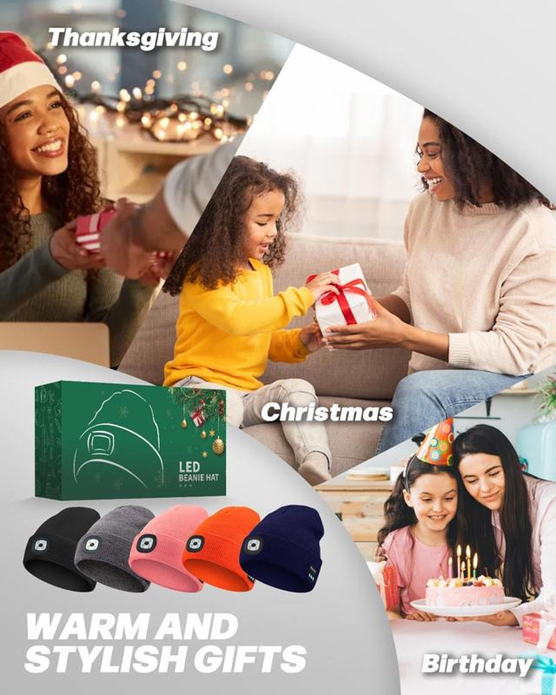 Bluetooth Beanie with Light, Unisex USB Rechargeable 4 LED Fashlight Hat with Cordless Headphones, Unique Christmas Birthday Gifts for Men Husband Teen Warm Beany Knit Balaclava Outdoor Activities Skull Cap Cycling Spider Web Sport Lightweight Sweat