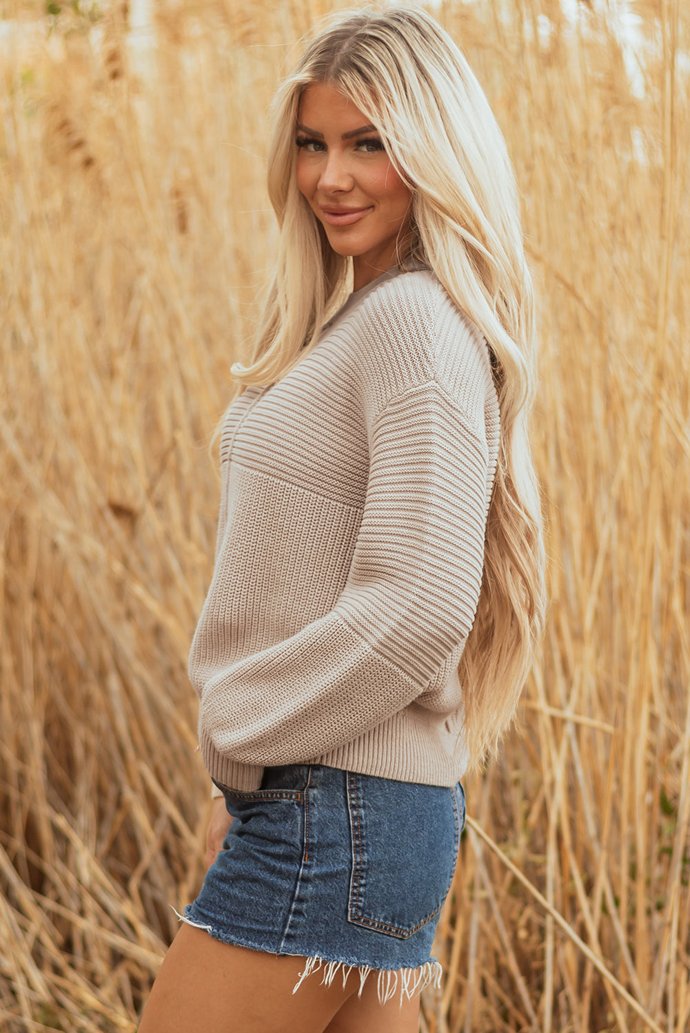 Parchment Mixed Texture Patchwork Knitted Puff Sleeve Sweater