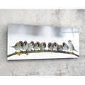 Snowy Sparrow Flock Lichen Branch Glass Wall Art