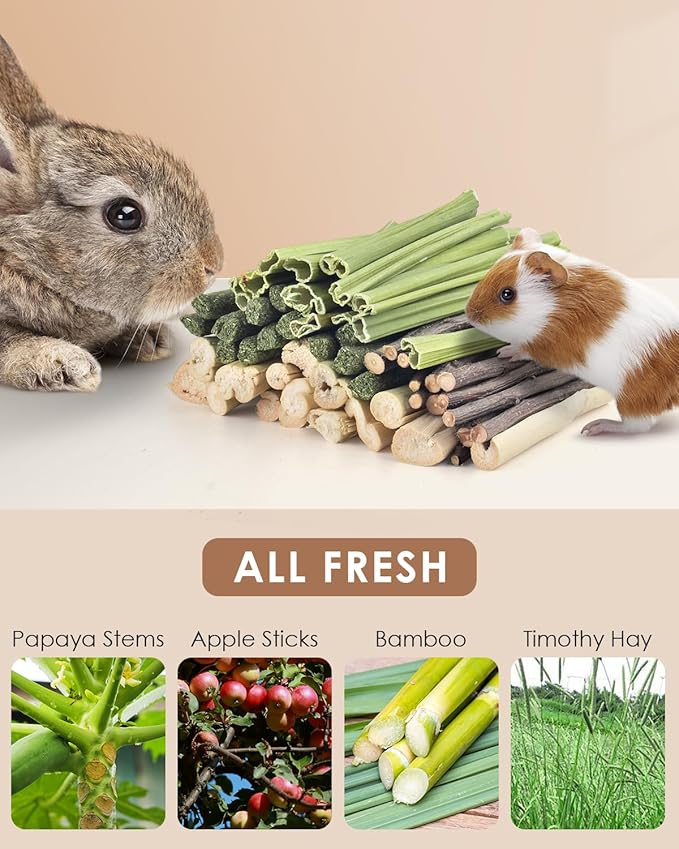Bissap 60 PCS Rabbit Chew Sticks, Sweet Bamboo Timothy Hay Chew Stick Papaya Stems Apple Branch Bunny Chews for Rabbit Hamster Chinchilla Guinea Pig Small Pet Natural Molar Treats - PhishStones Products