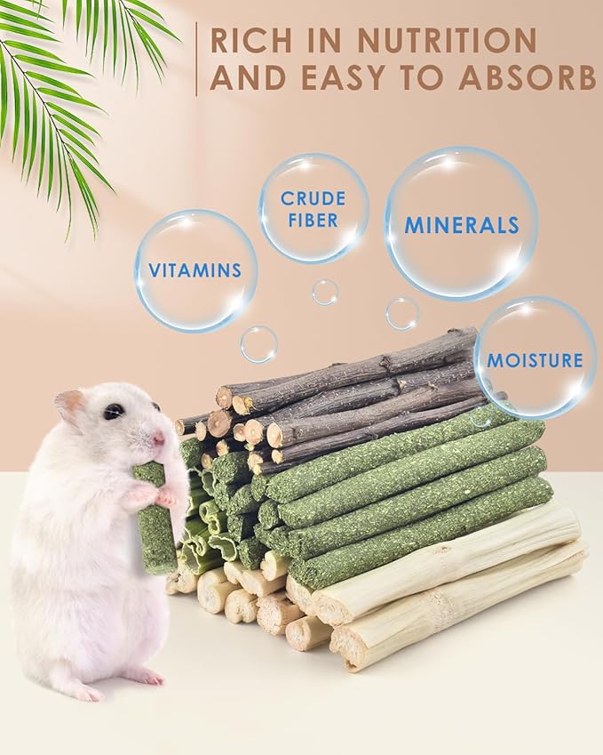 Bissap 60 PCS Rabbit Chew Sticks, Sweet Bamboo Timothy Hay Chew Stick Papaya Stems Apple Branch Bunny Chews for Rabbit Hamster Chinchilla Guinea Pig Small Pet Natural Molar Treats - PhishStones Products