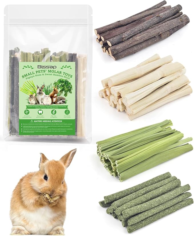 Bissap 60 PCS Rabbit Chew Sticks, Sweet Bamboo Timothy Hay Chew Stick Papaya Stems Apple Branch Bunny Chews for Rabbit Hamster Chinchilla Guinea Pig Small Pet Natural Molar Treats - PhishStones Products