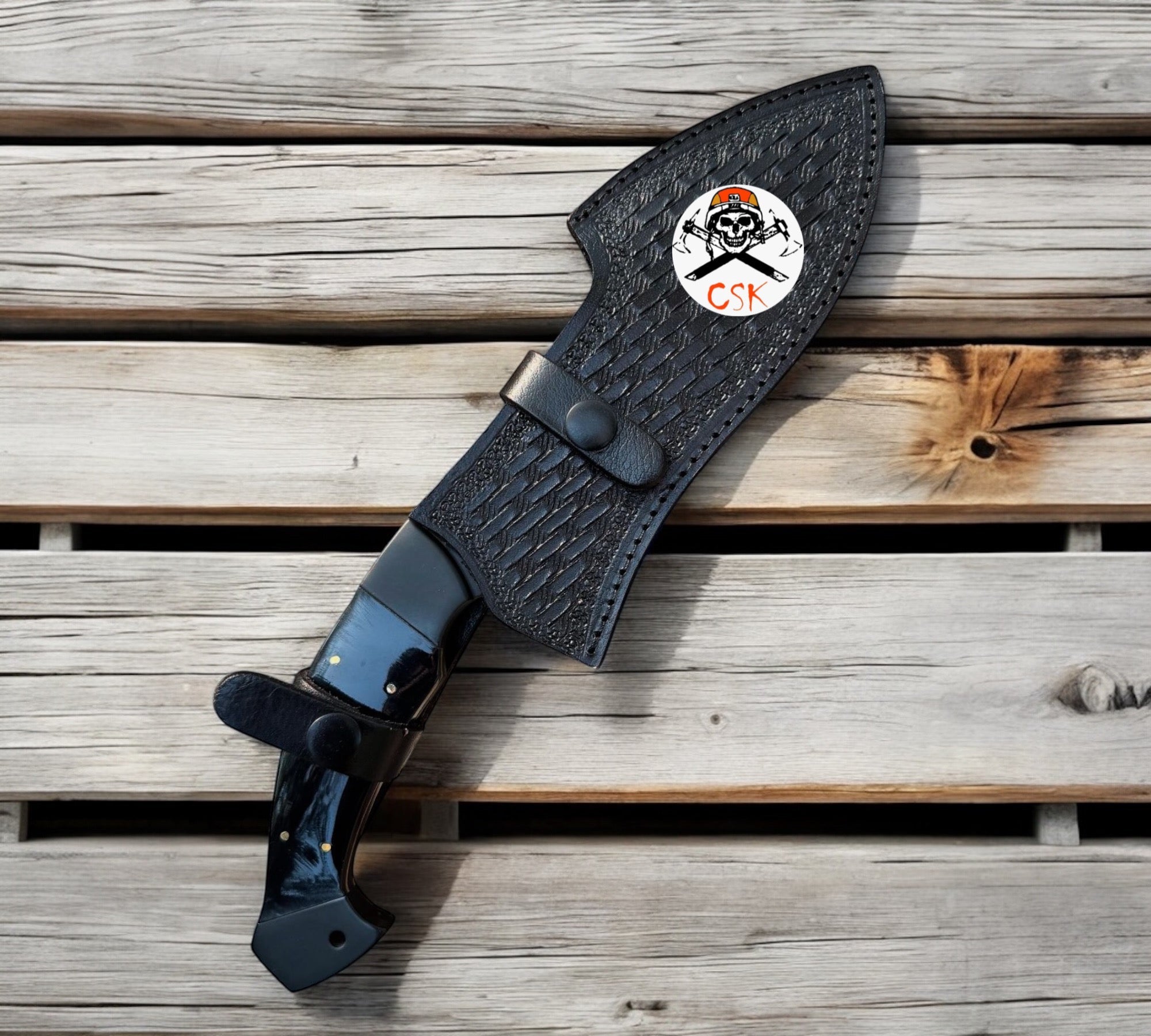 Black - Coated Hand Forged Steel Hunting Knife with Horn Handle and Custom Leather Sheath - PhishStones Products