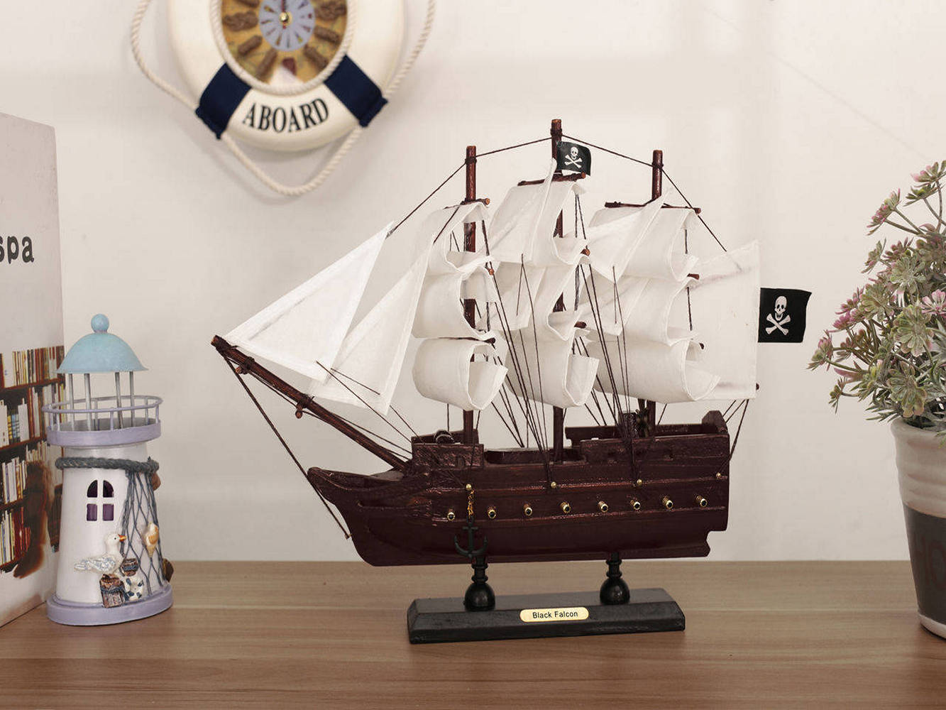 Wooden Captain Kidds Black Falcon White Sails Model Pirate Ship 12""