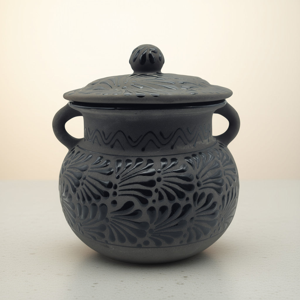Black Talavera Bean Pot with Lid | Mexican Clay Frijolero