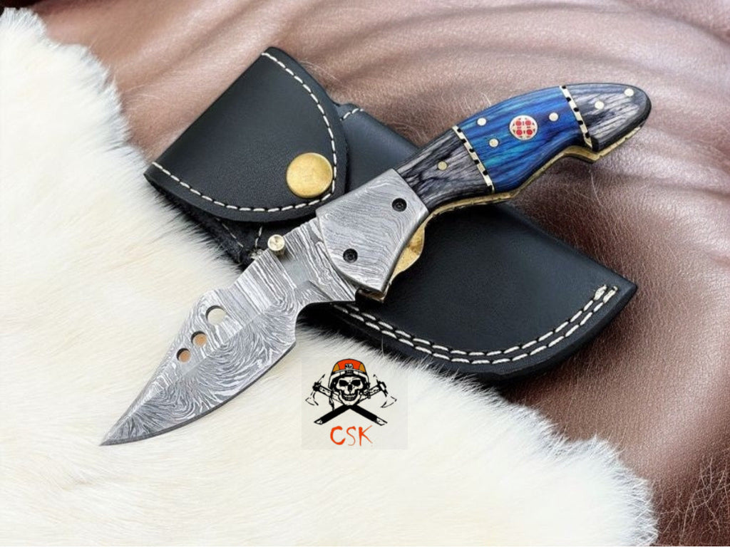 Blue Blaze Damascus Pocket Knife With Leather Pouch - PhishStones Products