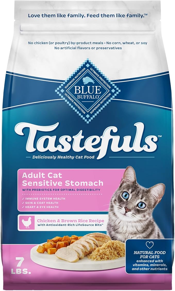 Blue Buffalo Tastefuls Adult Dry Cat Food Sensitive Stomach Formula, Made in the USA with Natural Ingredients, Chicken Recipe, 7 - lb. Bag - PhishStones Products