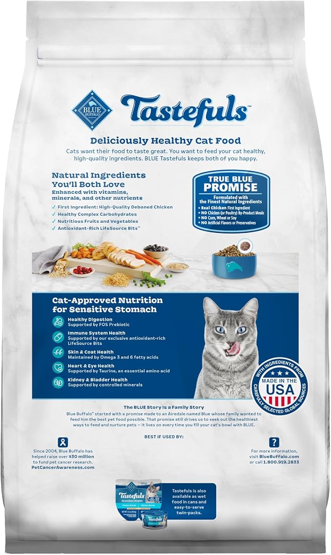Blue Buffalo Tastefuls Adult Dry Cat Food Sensitive Stomach Formula, Made in the USA with Natural Ingredients, Chicken Recipe, 7 - lb. Bag - PhishStones Products