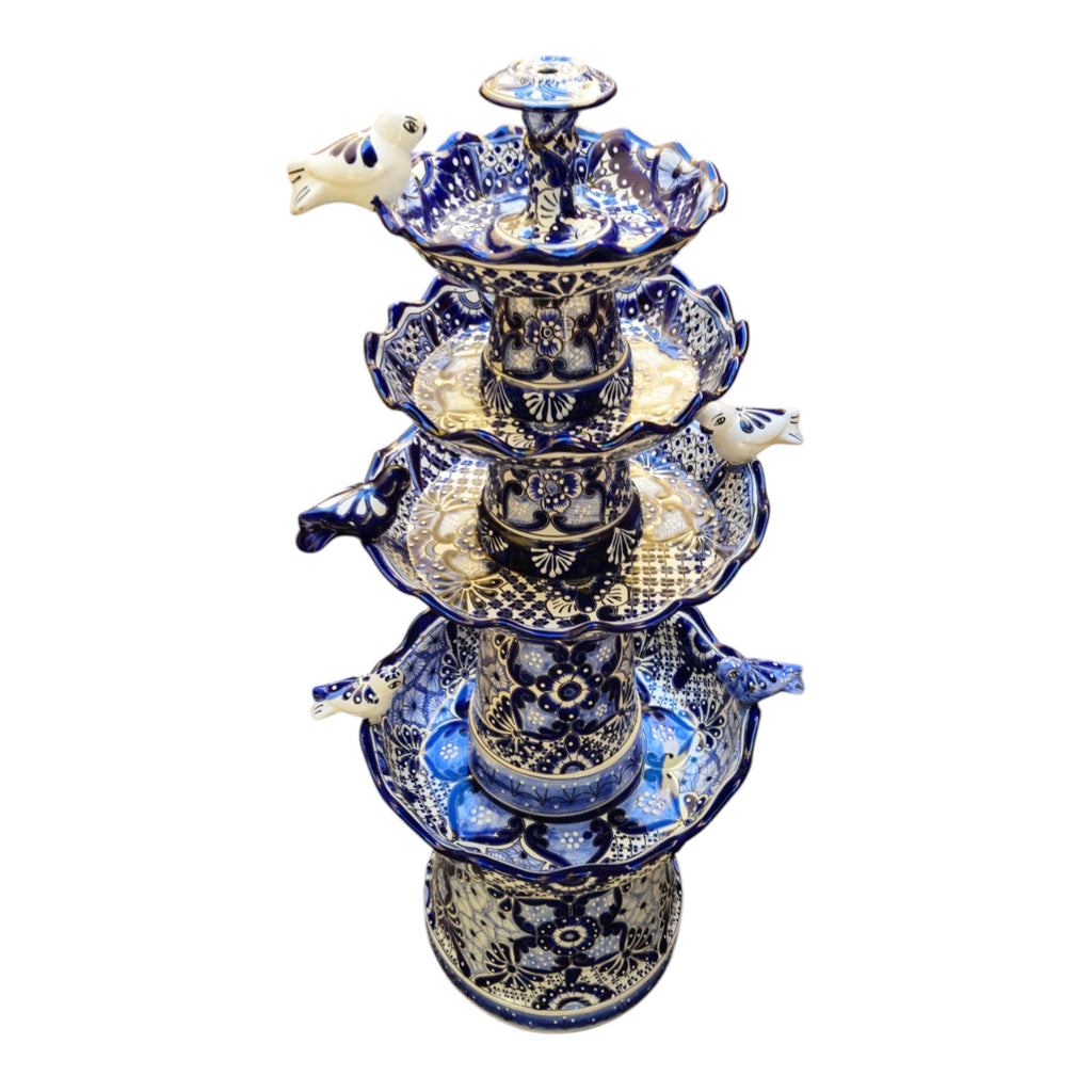 Blue & White Talavera Garden Fountain | Handmade 4-Foot Tiered Art