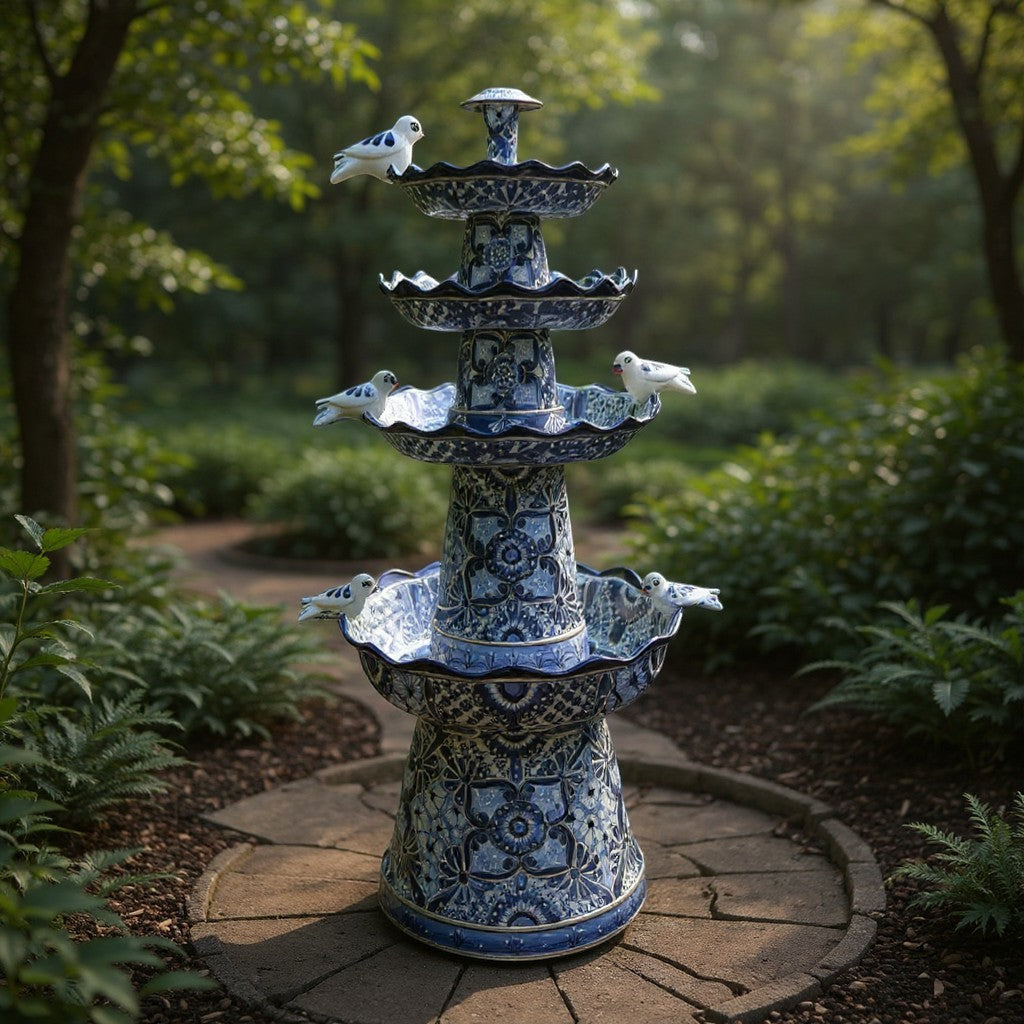 Blue & White Talavera Garden Fountain | Handmade 4-Foot Tiered Art