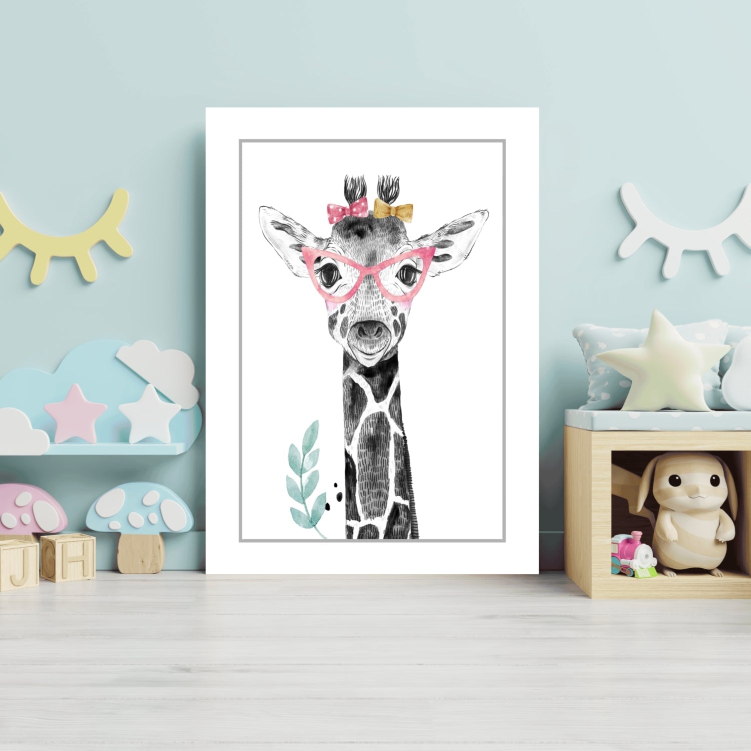 Pink Glasses Baby Giraffe Sketch Aluminum Print