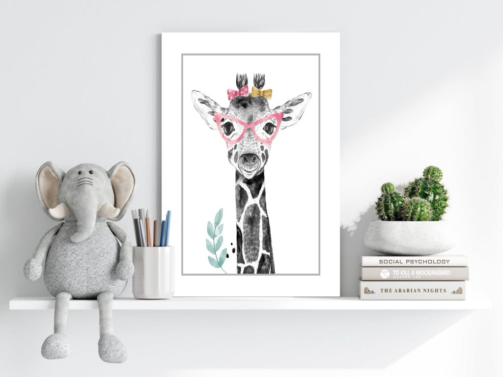 Pink Glasses Baby Giraffe Sketch Aluminum Print