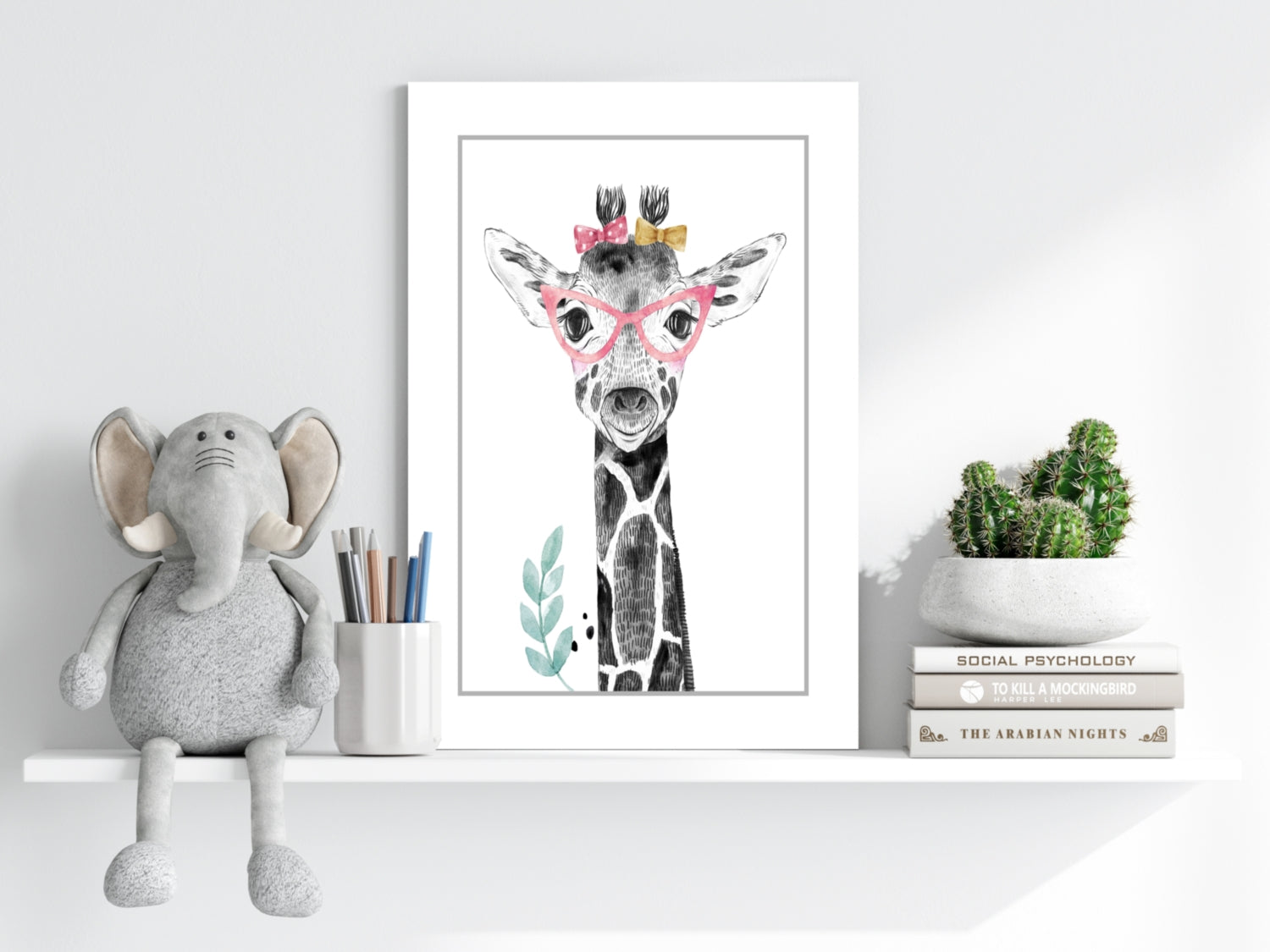 Pink Glasses Baby Giraffe Sketch Aluminum Print