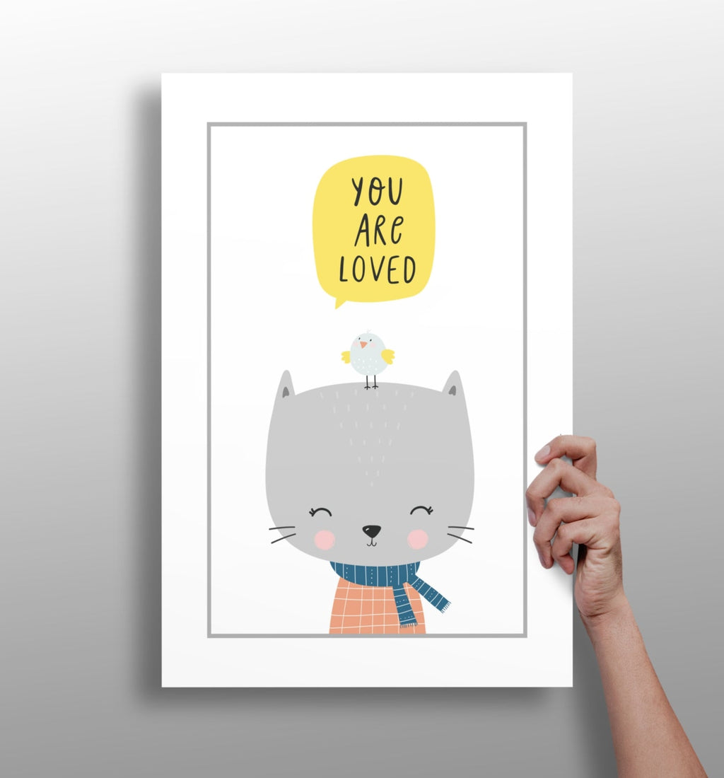 Gray Cat With Bird and Yellow Bubble Aluminum Print