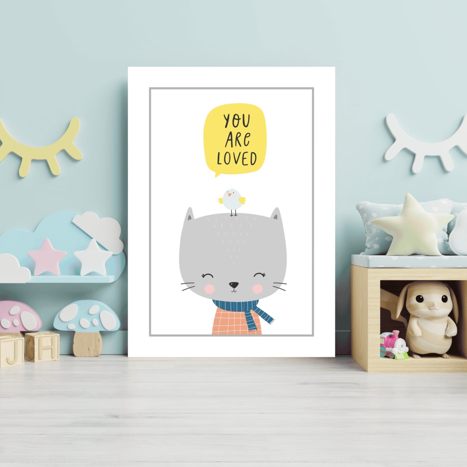 Gray Cat With Bird and Yellow Bubble Aluminum Print
