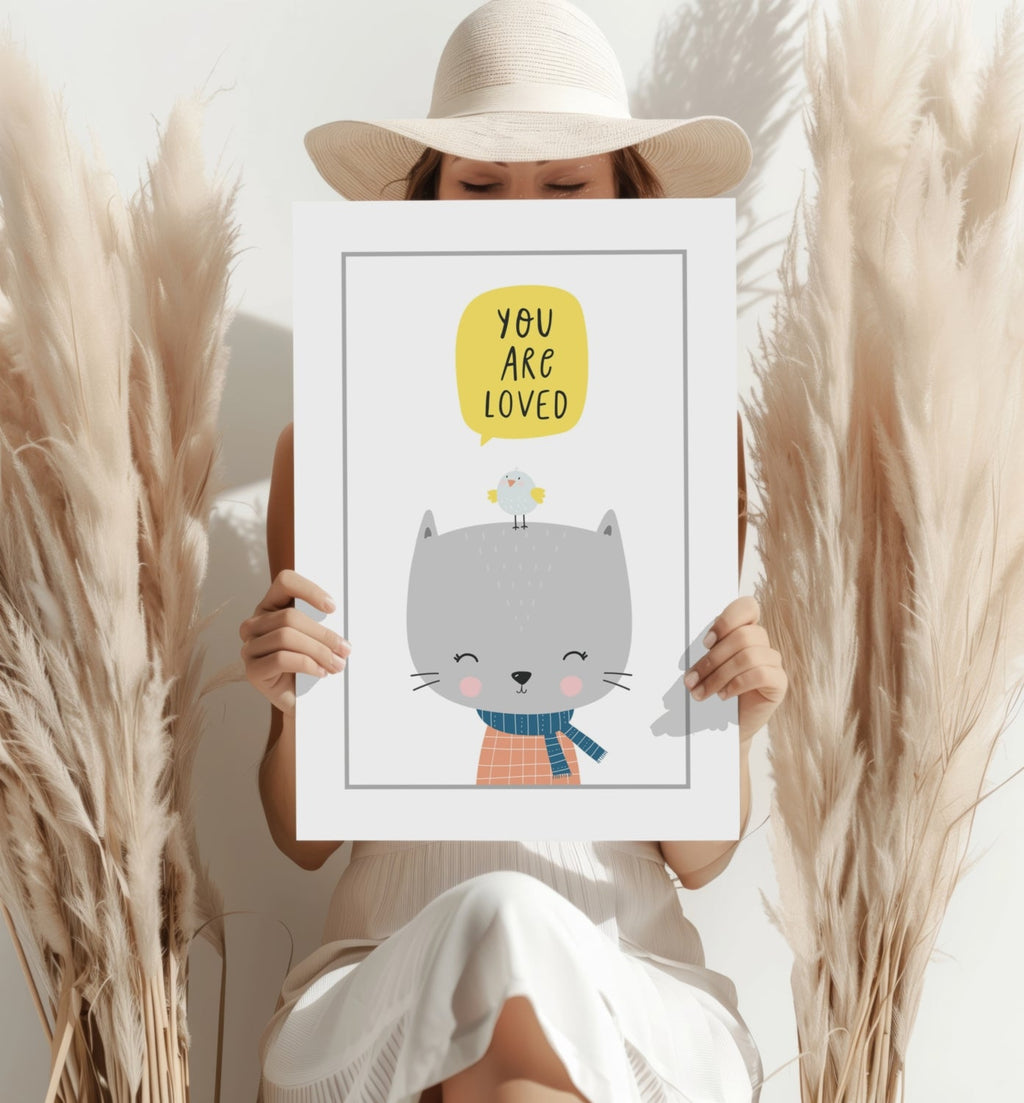Gray Cat With Bird and Yellow Bubble Aluminum Print