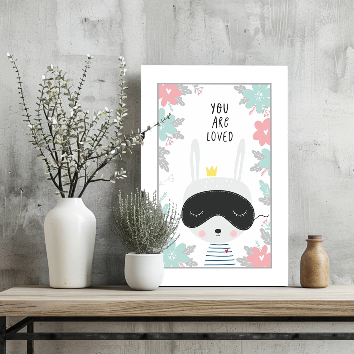 Sleep Mask Bunny in Floral Border Aluminum Print