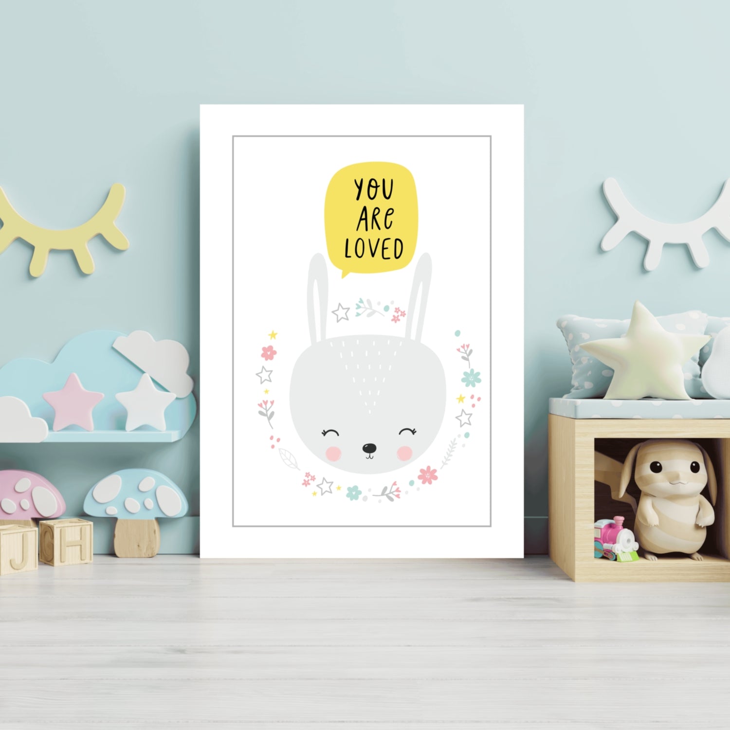 Bunny With Flower Wreath and Stars Aluminum Print
