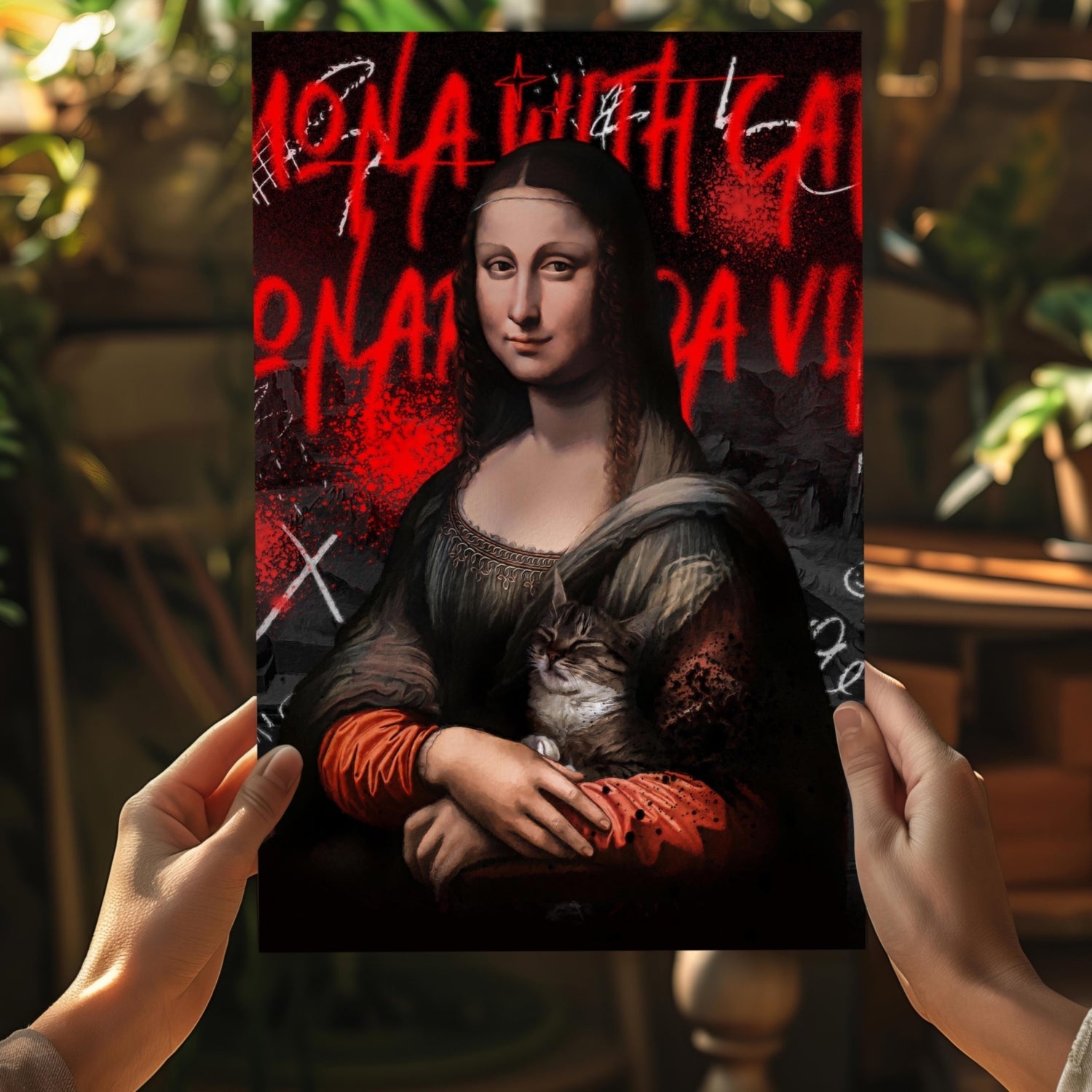 Mona Lisa Red Graffiti Lady Holding Cat Classic Aluminum Print