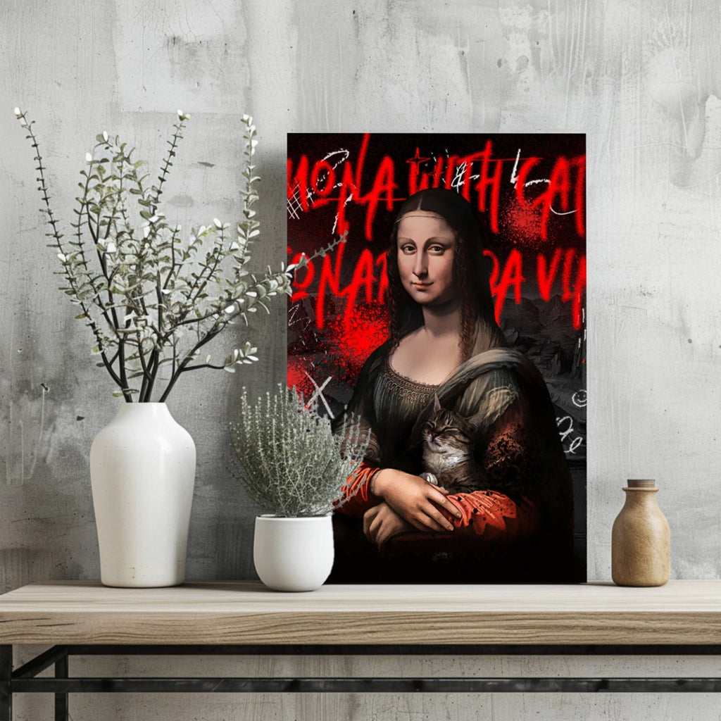 Mona Lisa Red Graffiti Lady Holding Cat Classic Aluminum Print
