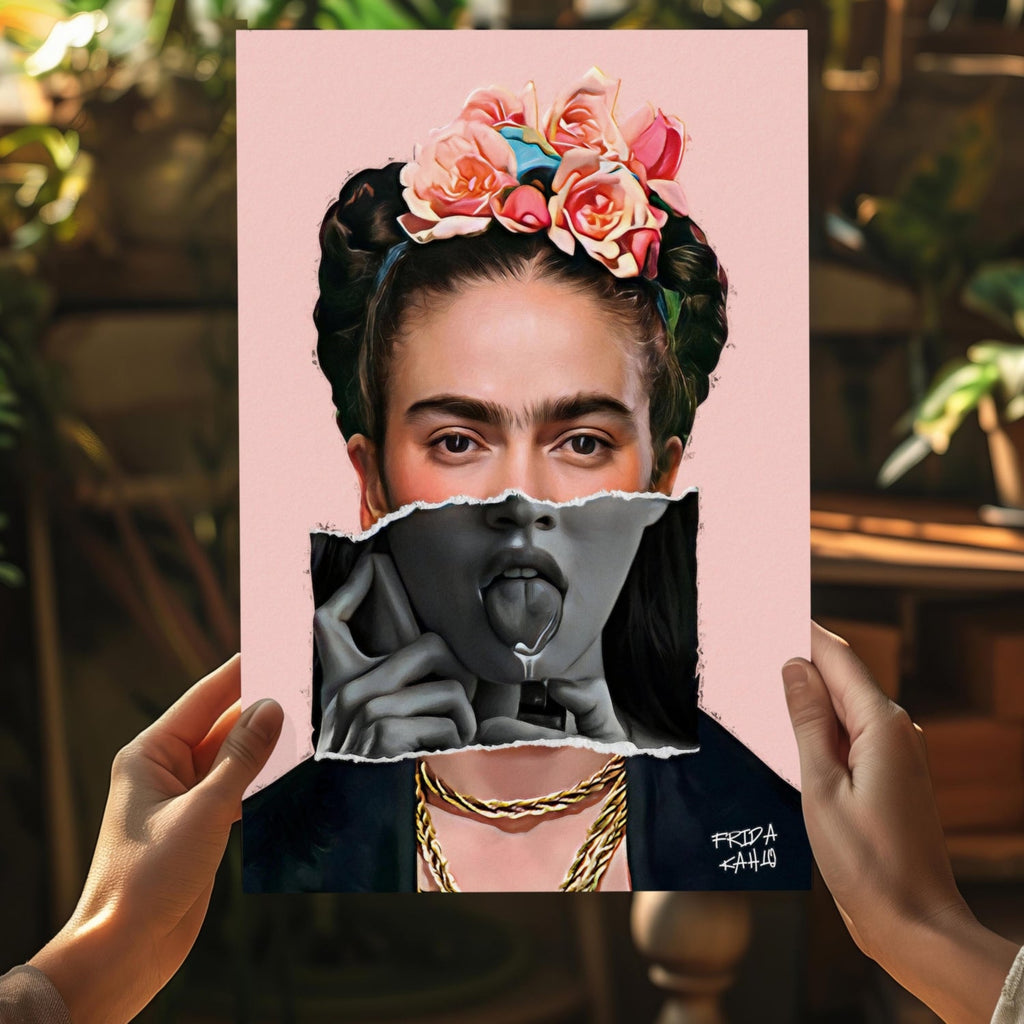 Frida Kahlo Pink Torn Paper Portrait Aluminum Print