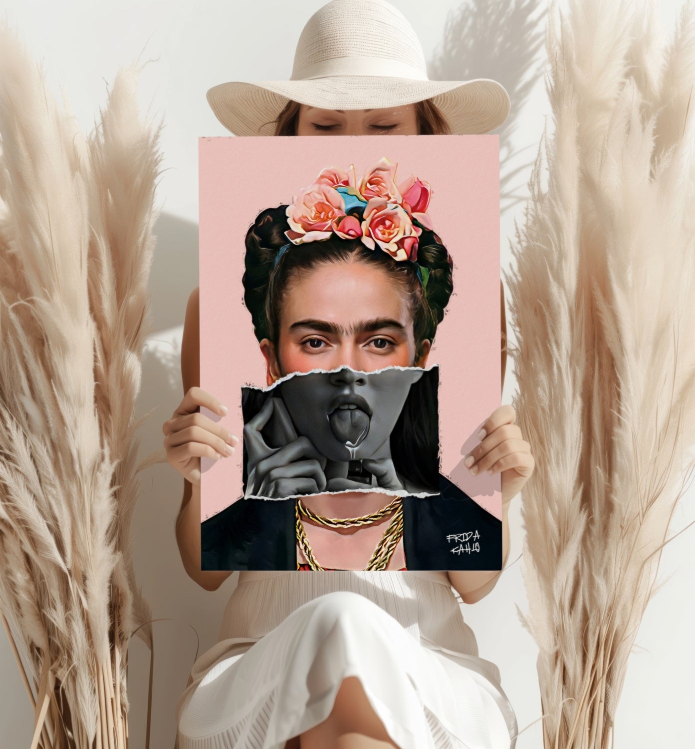 Frida Kahlo Pink Torn Paper Portrait Aluminum Print