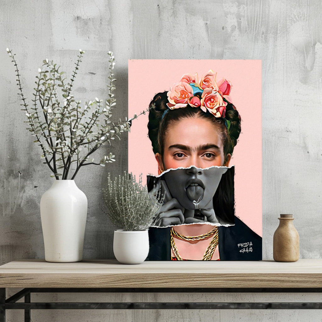 Frida Kahlo Pink Torn Paper Portrait Aluminum Print
