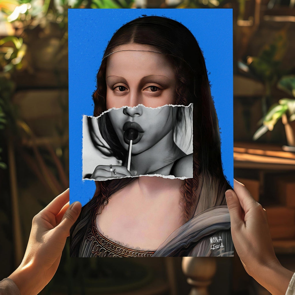 Mona Lisa Blue Torn Paper Lollipop Collage Portrait Aluminum Print