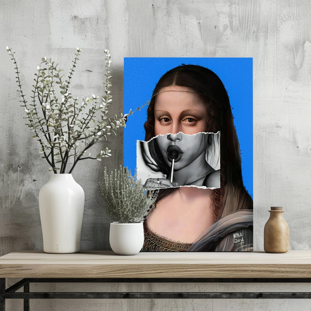 Mona Lisa Blue Torn Paper Lollipop Collage Portrait Aluminum Print