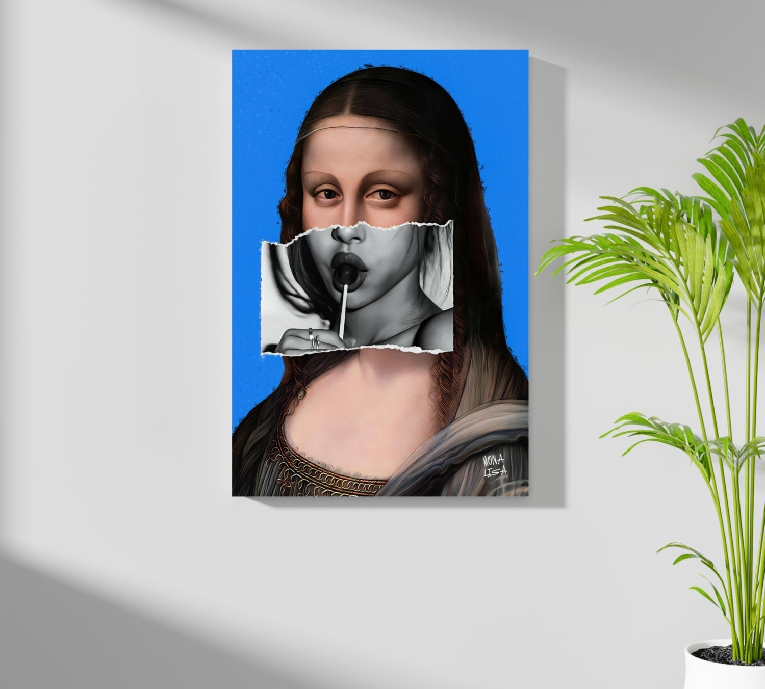Mona Lisa Blue Torn Paper Lollipop Collage Portrait Aluminum Print