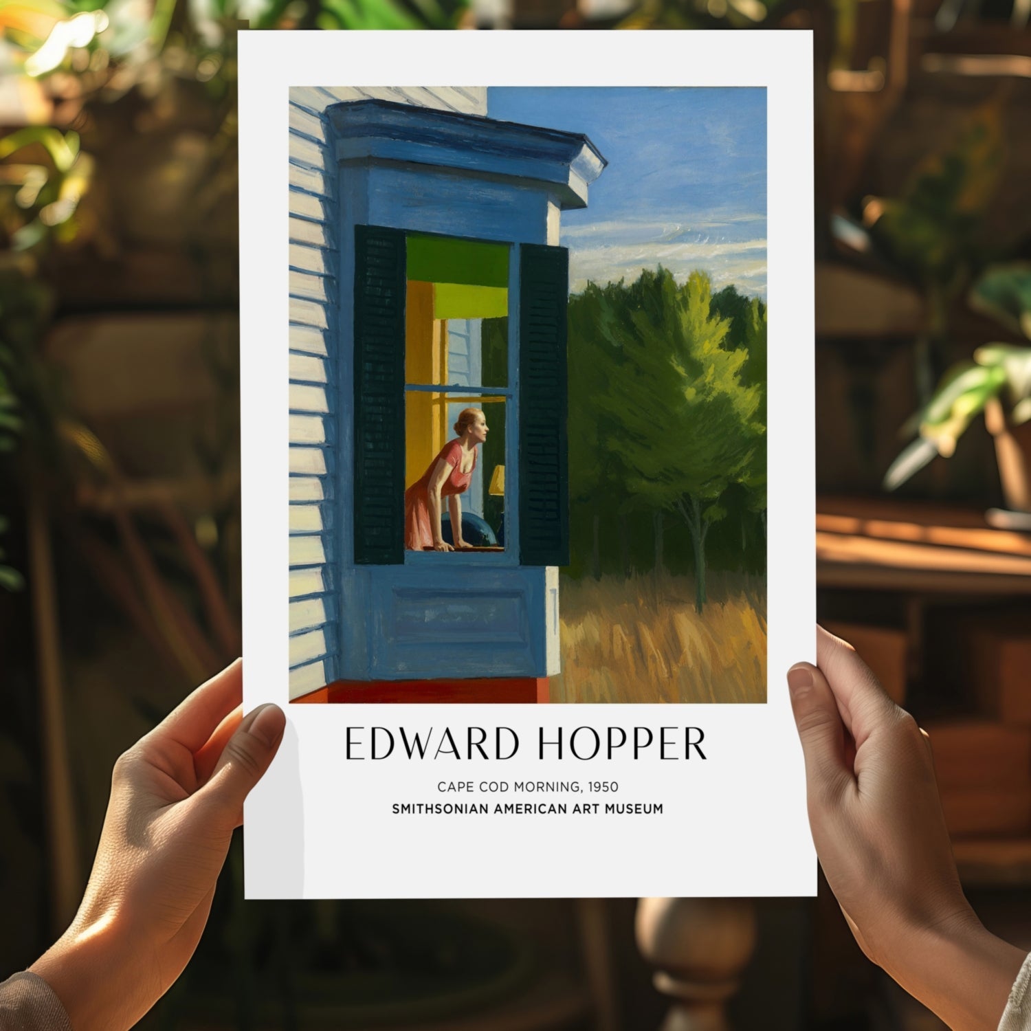 Woman at Blue Cottage Window Aluminum Print
