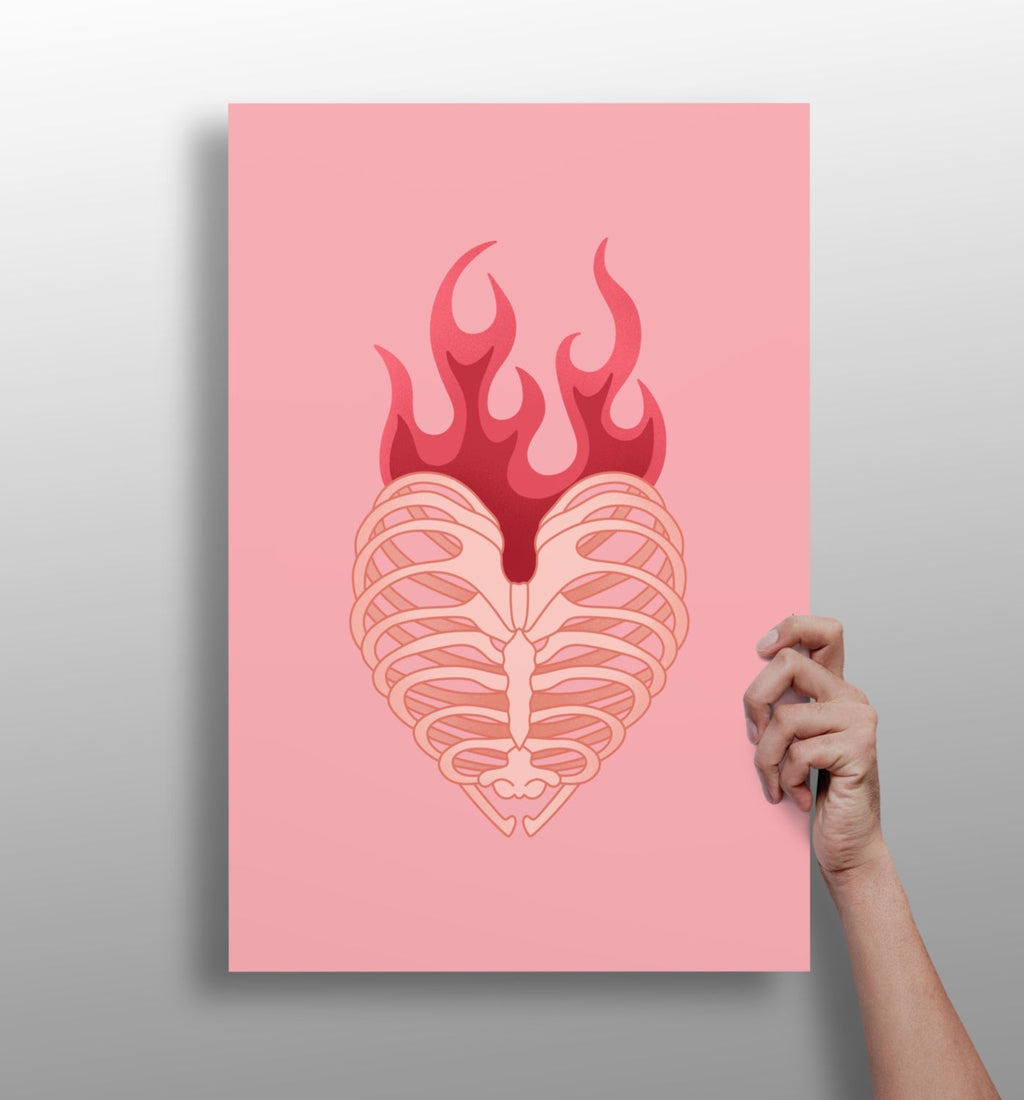Flaming Rib Cage Heart on Pink Aluminum Print
