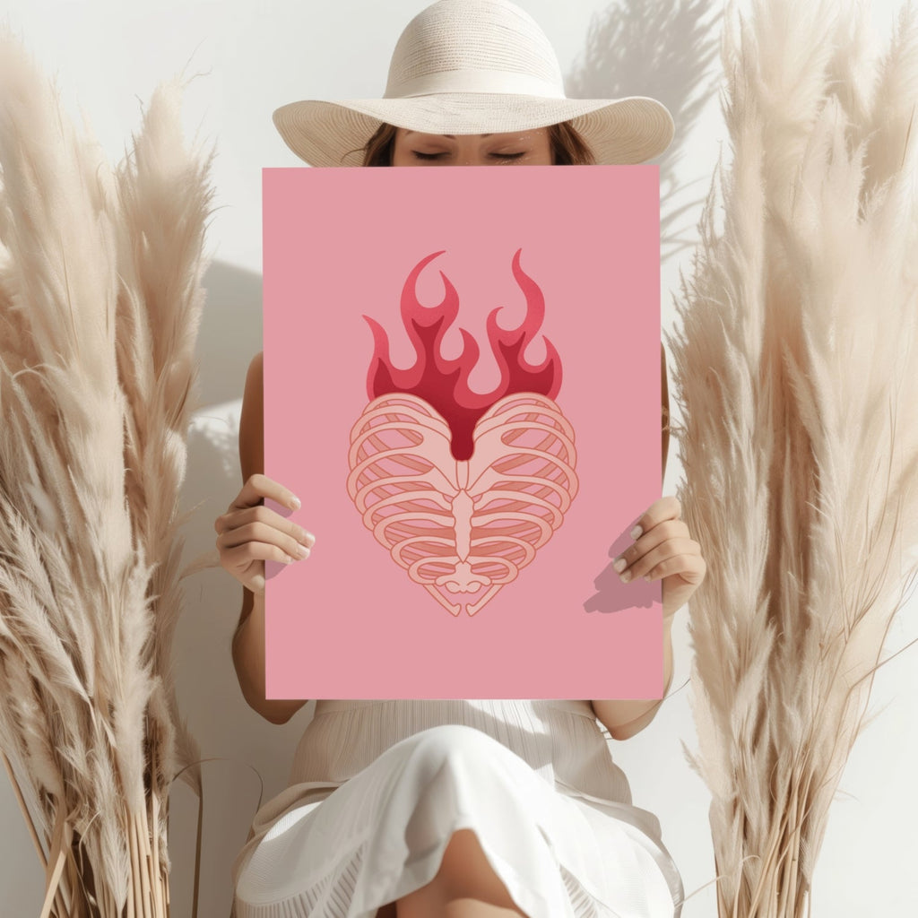 Flaming Rib Cage Heart on Pink Aluminum Print