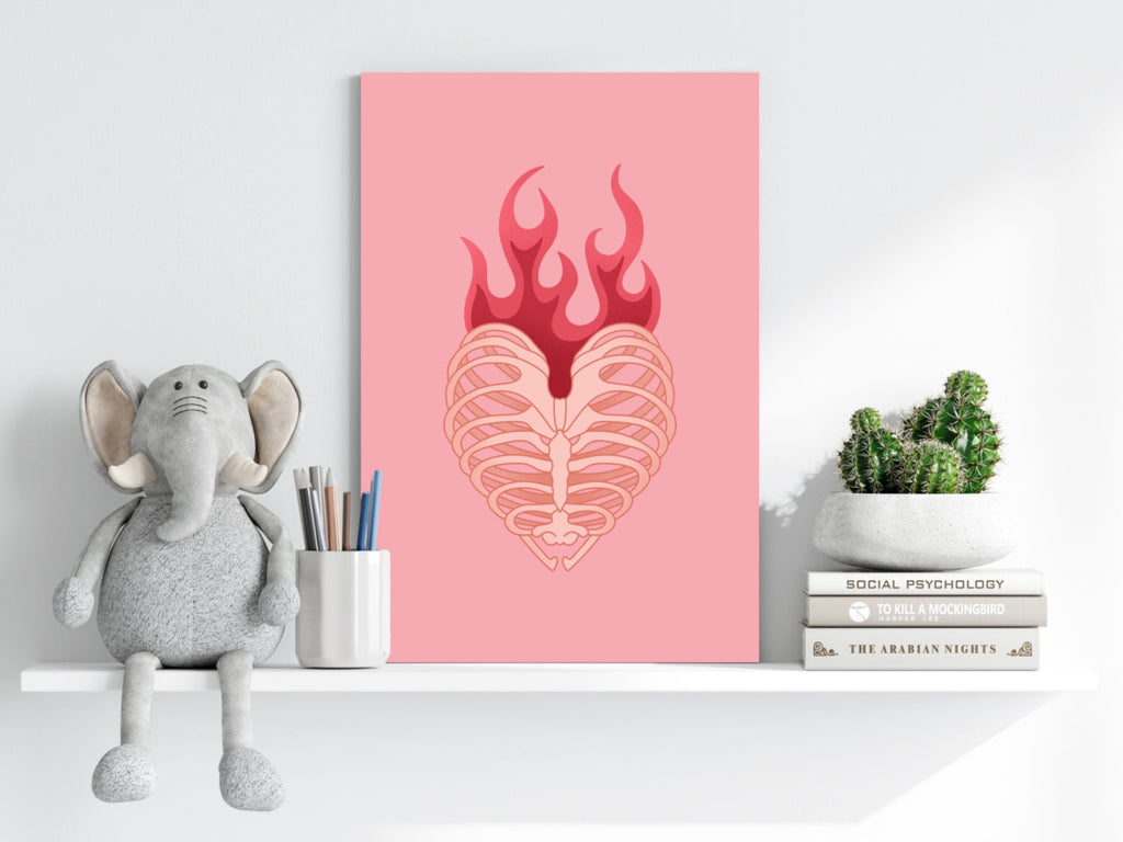 Flaming Rib Cage Heart on Pink Aluminum Print