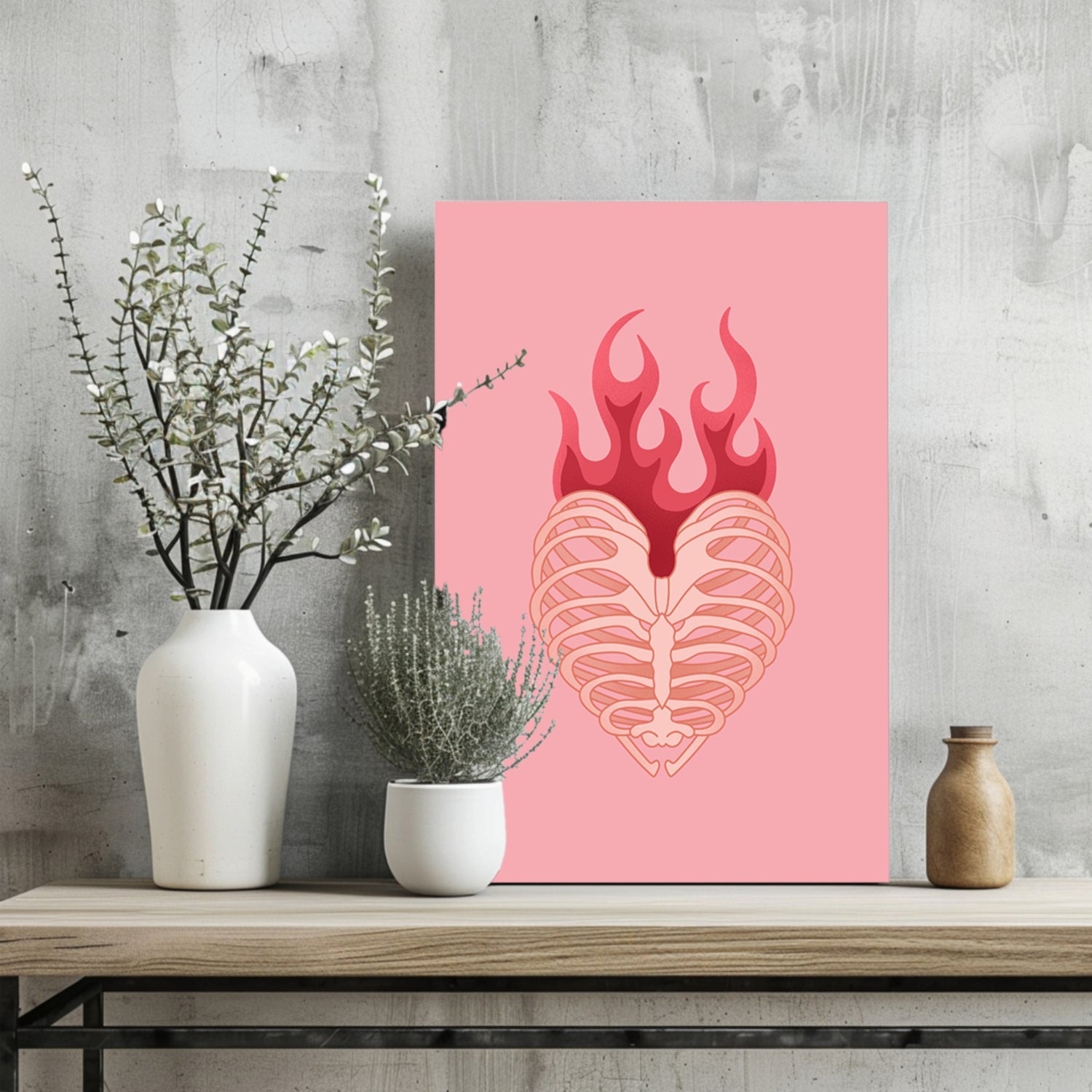 Flaming Rib Cage Heart on Pink Aluminum Print