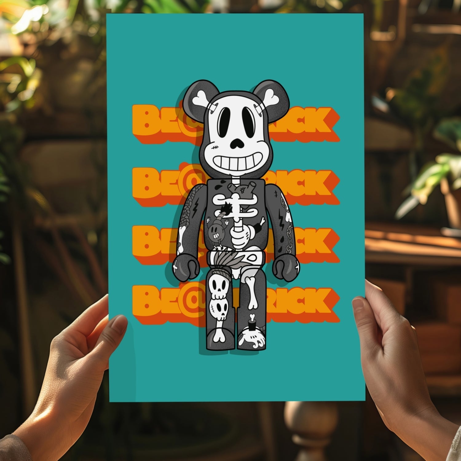 Teal Monochrome Skeleton Toy Bear Aluminum Print