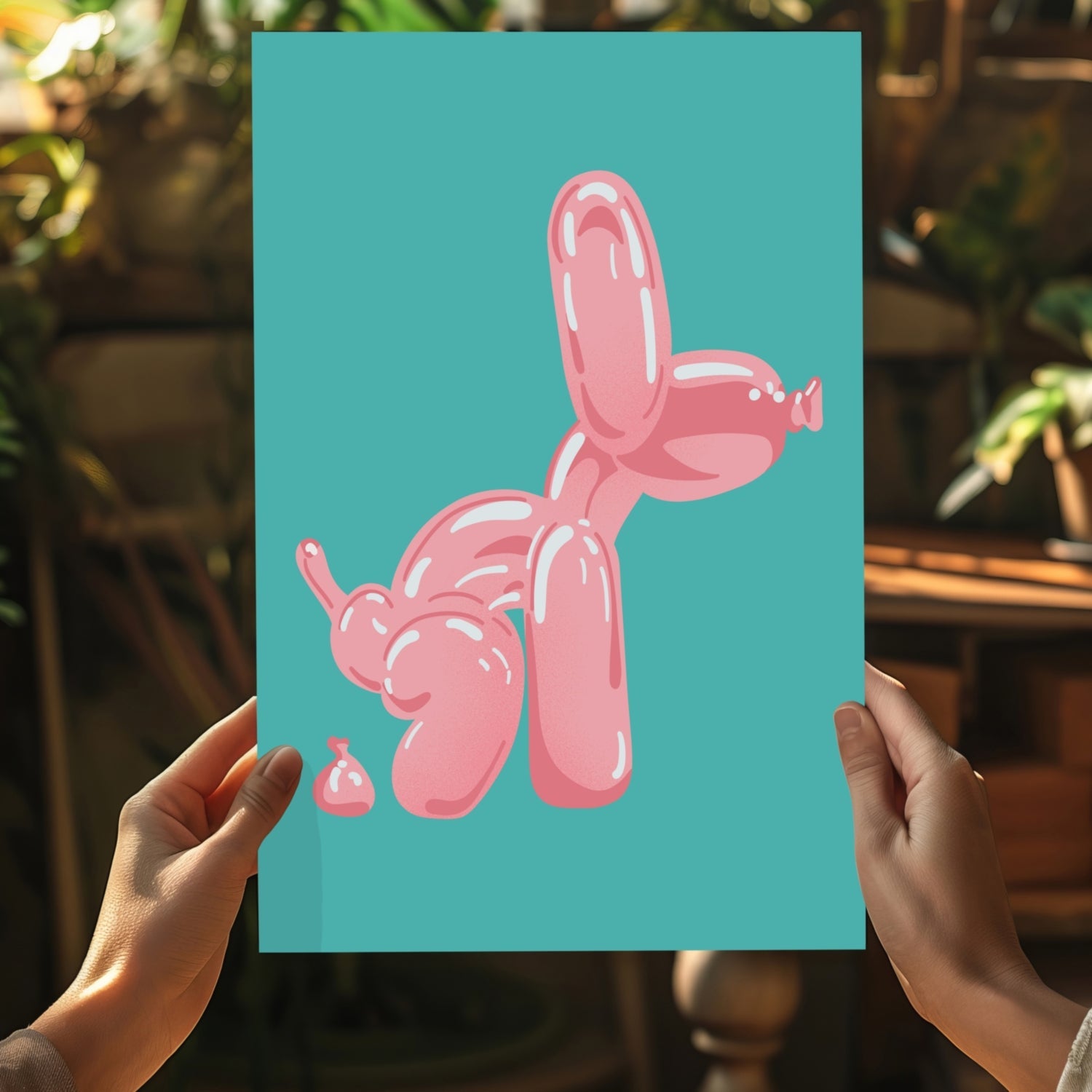 Pink Squatting Pose on Teal Balloon Dog Aluminum Print
