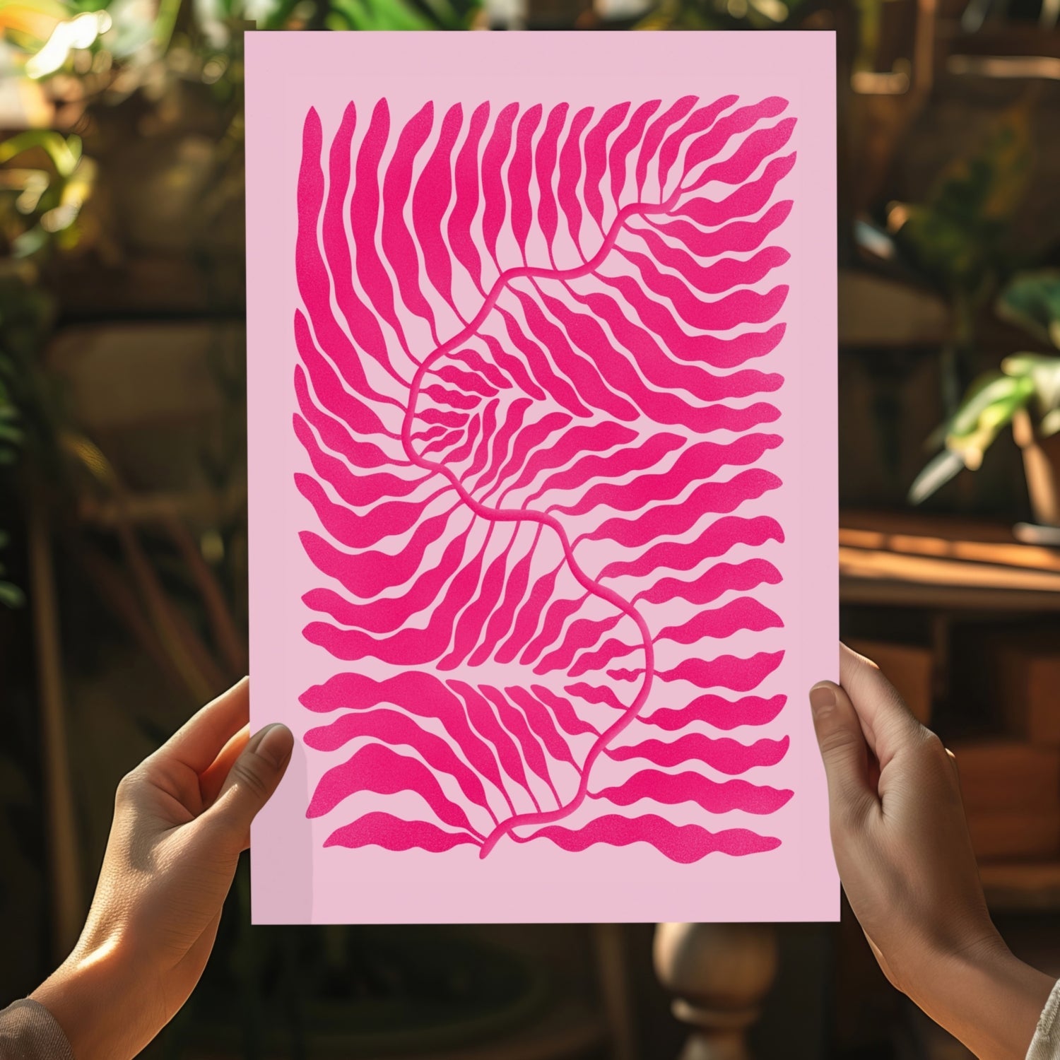 Hot Pink Wavy Fern Fronds Abstract Flower Aluminum Print