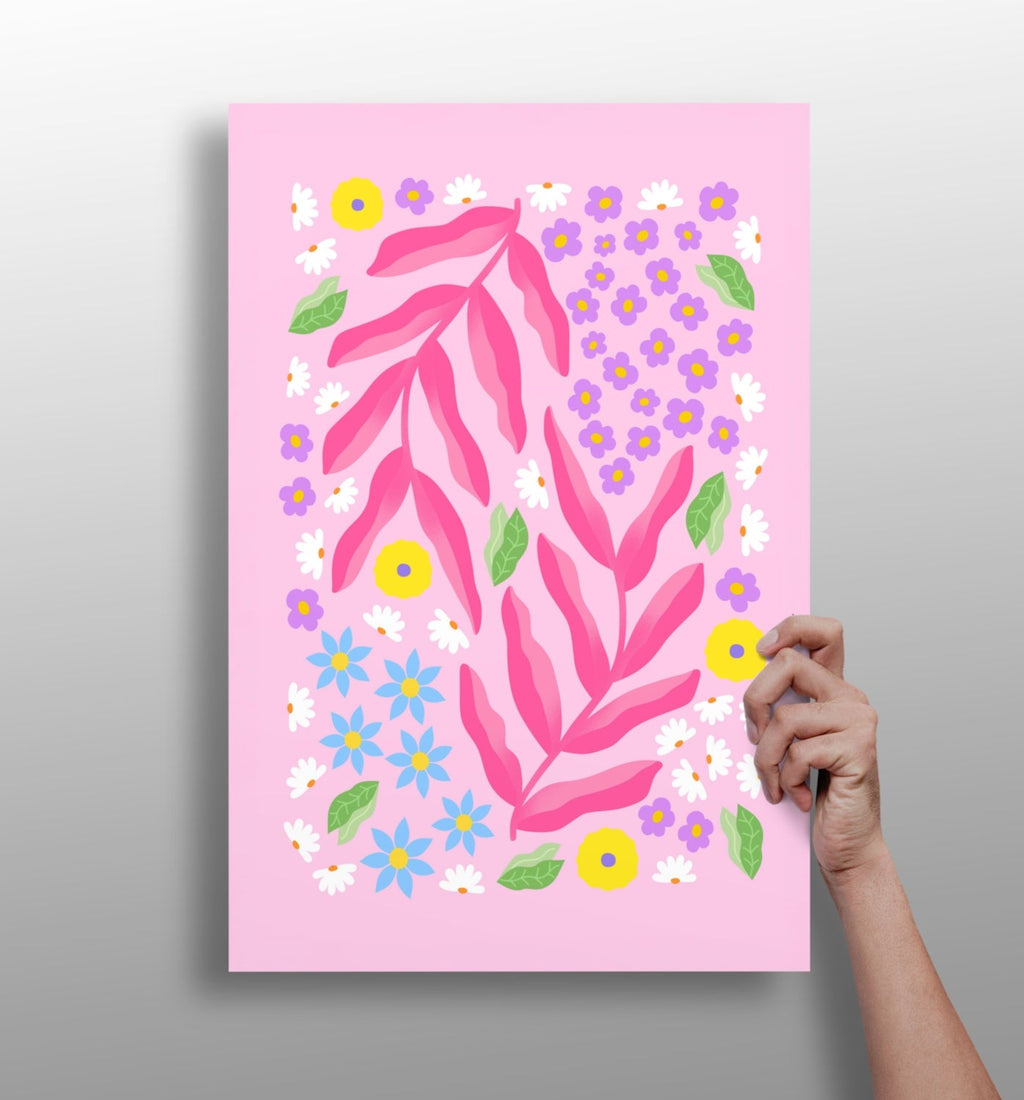Pink Daisy Scatter Garden Abstract Flower Aluminum Print