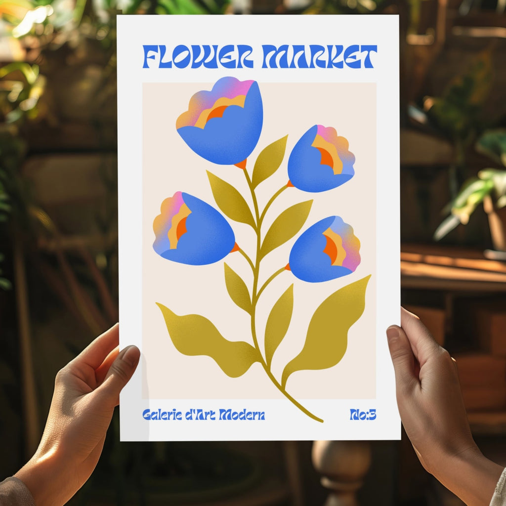 Blue Tulips Cream Poster Modern Art Gallery Flower Aluminum Print