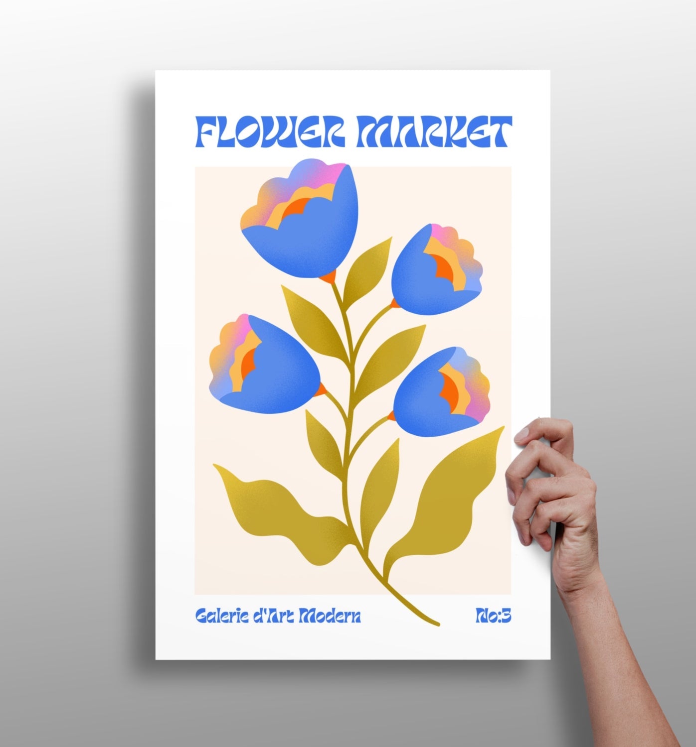 Blue Tulips Cream Poster Modern Art Gallery Flower Aluminum Print