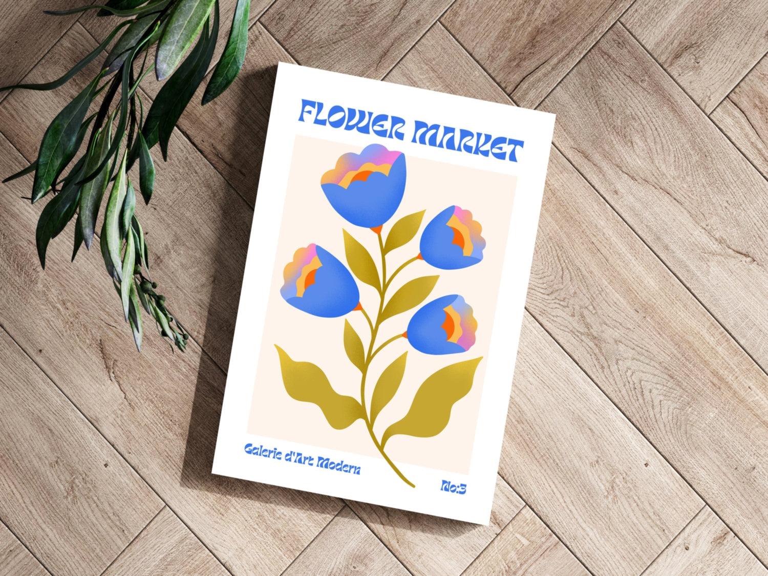 Blue Tulips Cream Poster Modern Art Gallery Flower Aluminum Print