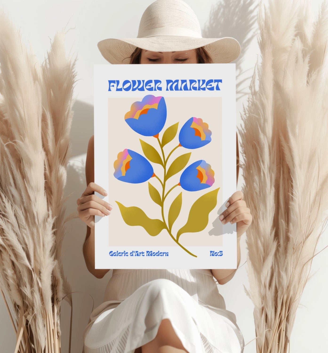 Blue Tulips Cream Poster Modern Art Gallery Flower Aluminum Print