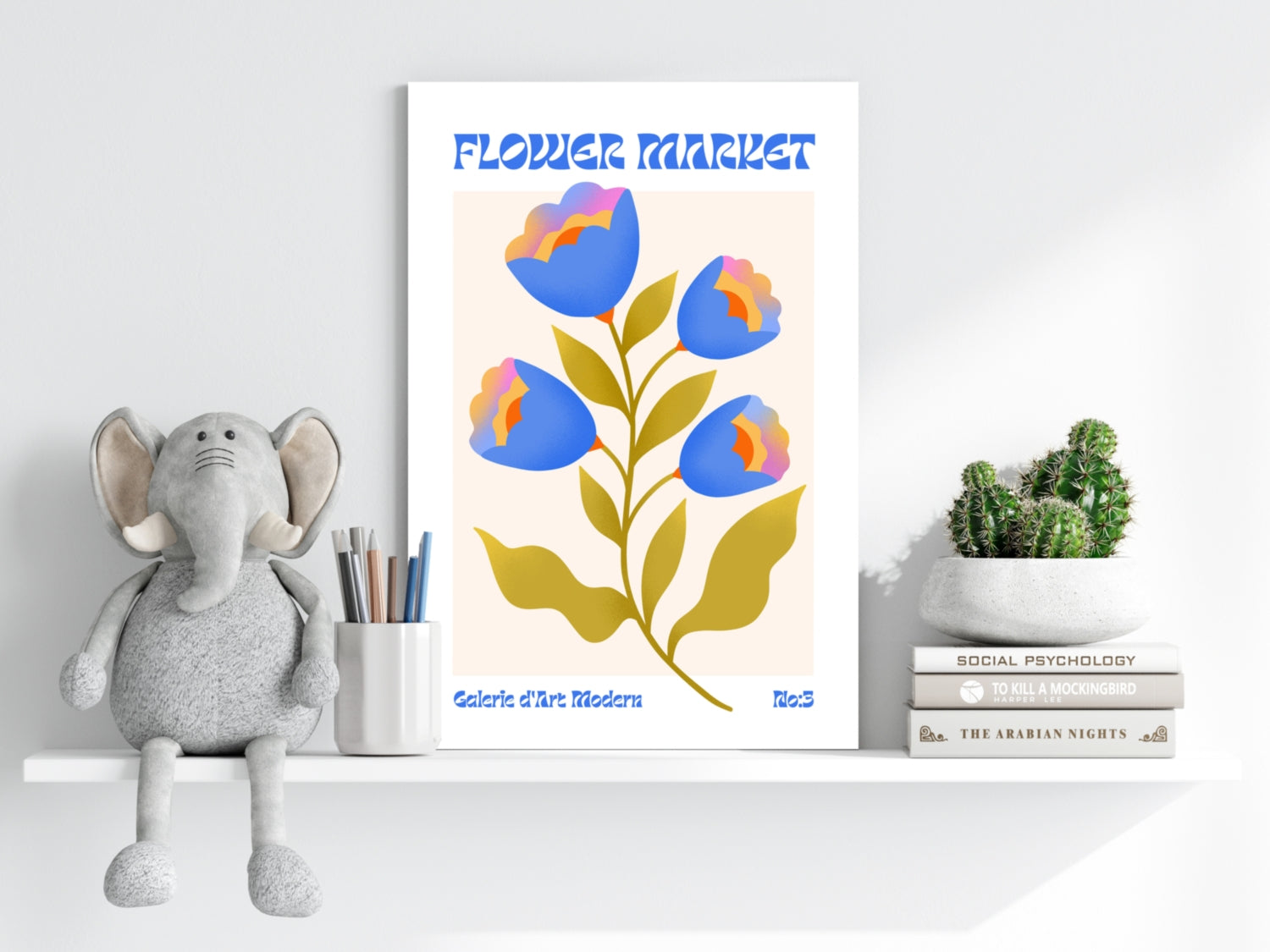 Blue Tulips Cream Poster Modern Art Gallery Flower Aluminum Print