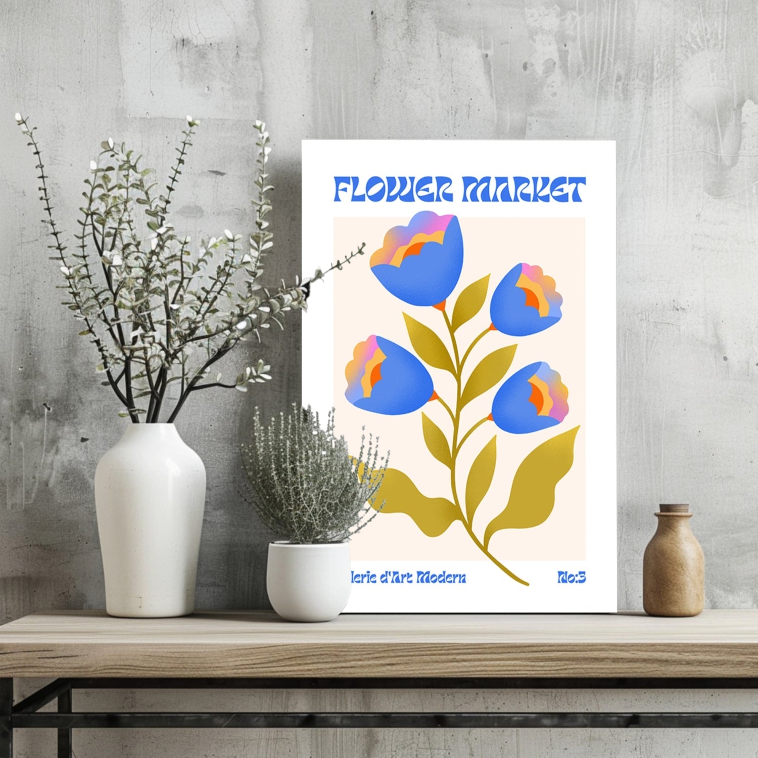 Blue Tulips Cream Poster Modern Art Gallery Flower Aluminum Print
