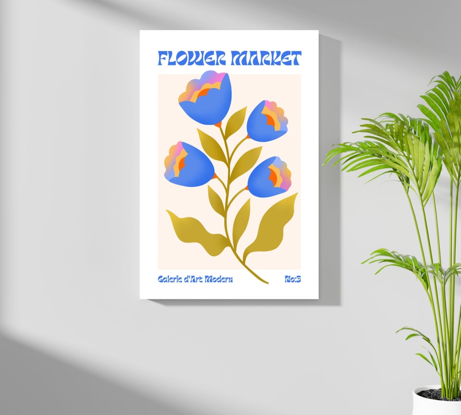 Blue Tulips Cream Poster Modern Art Gallery Flower Aluminum Print