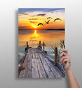 Wooden Jetty Sunset With Flying Gulls Aluminum Print