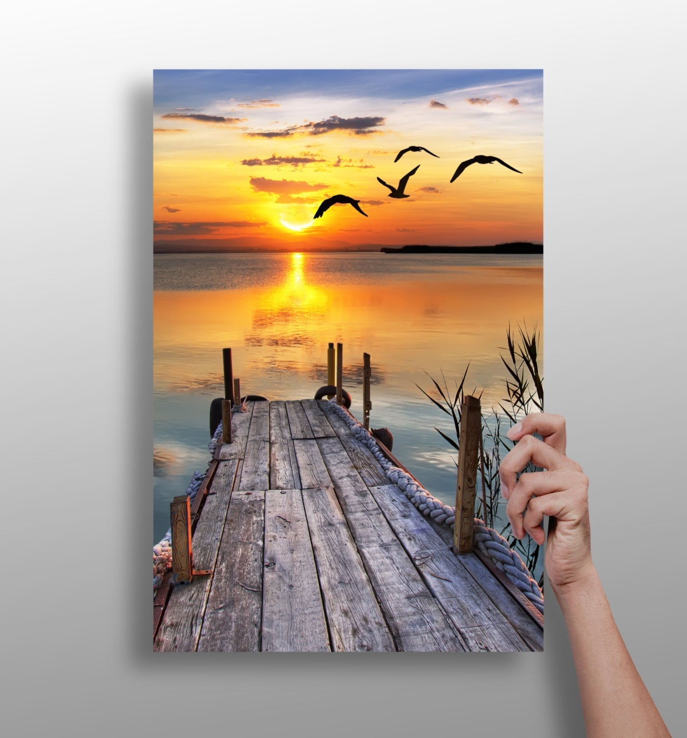 Wooden Jetty Sunset With Flying Gulls Aluminum Print