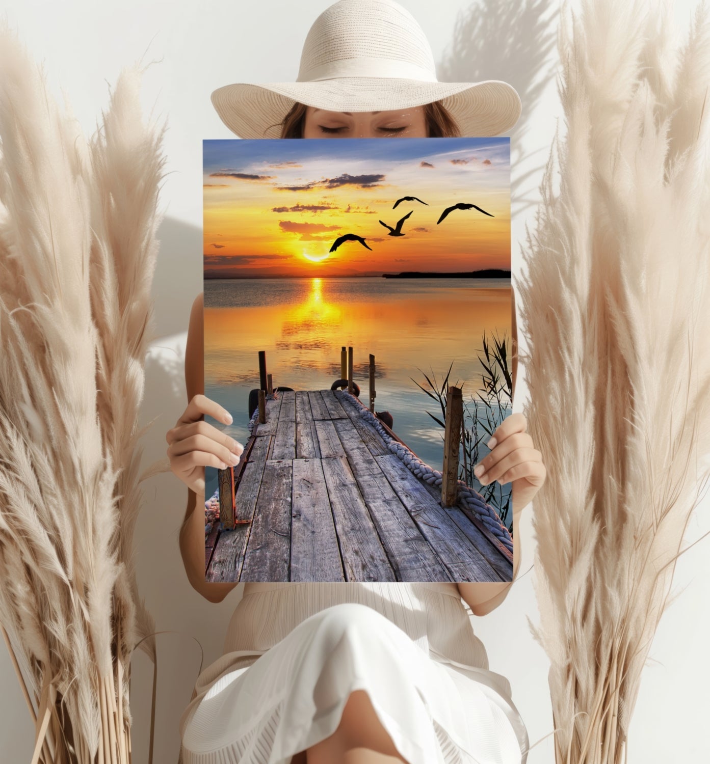 Wooden Jetty Sunset With Flying Gulls Aluminum Print