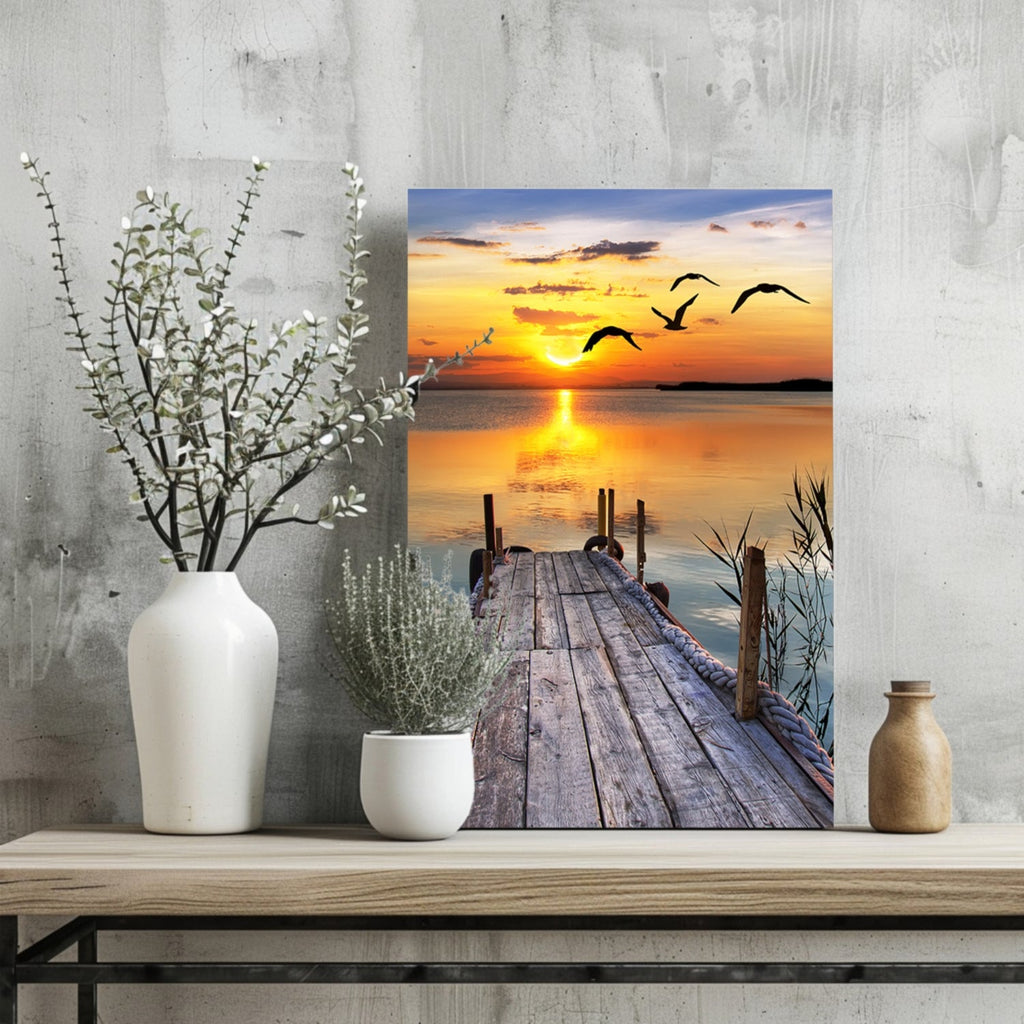 Wooden Jetty Sunset With Flying Gulls Aluminum Print